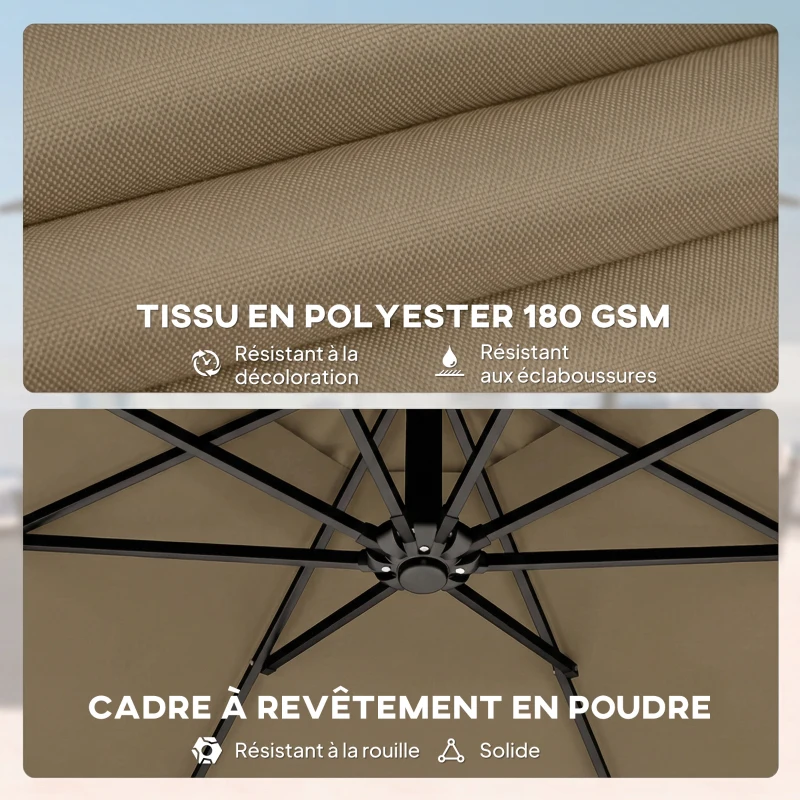 Outsunny Parasol déporté rond 3 m, parasol de jardin inclinable avec housse de protection, polyester protection UV UPF50+, kaki