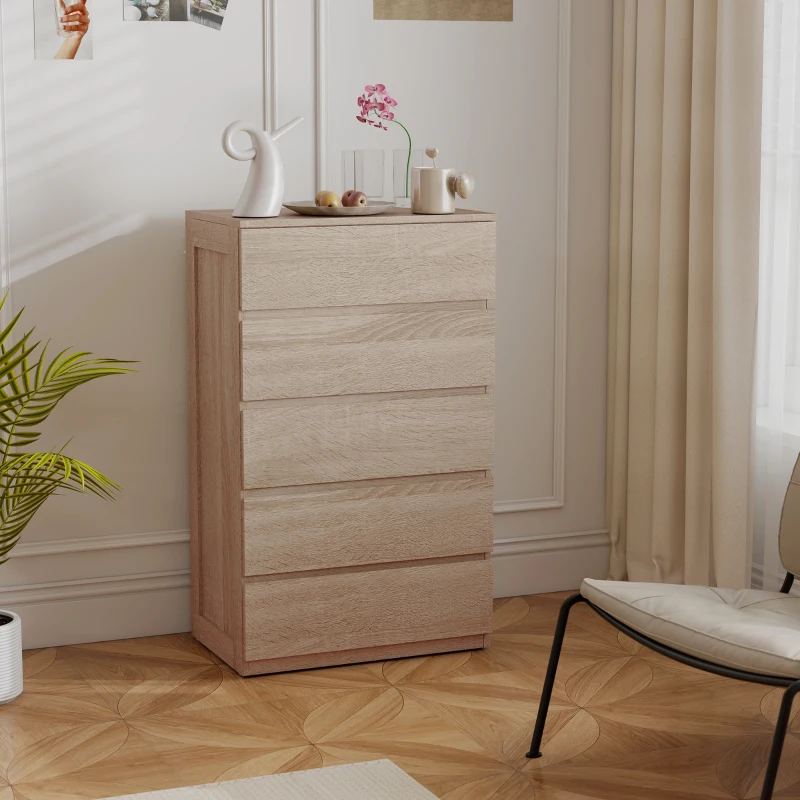 HOMCOM Comodă cu 5 Sertare din Lemn cu Ghidaje Metalice și Mânere Canelate, 60x39x100 cm, Lemn Natural