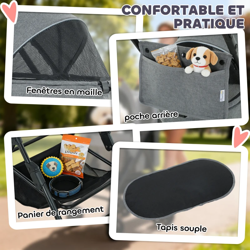 PawHut Poussette pour Chien Pousse-Chien 3 en 1 Détachable Pliable Nacelle Amovible et Sans Fermeture Éclair Suspension Gris