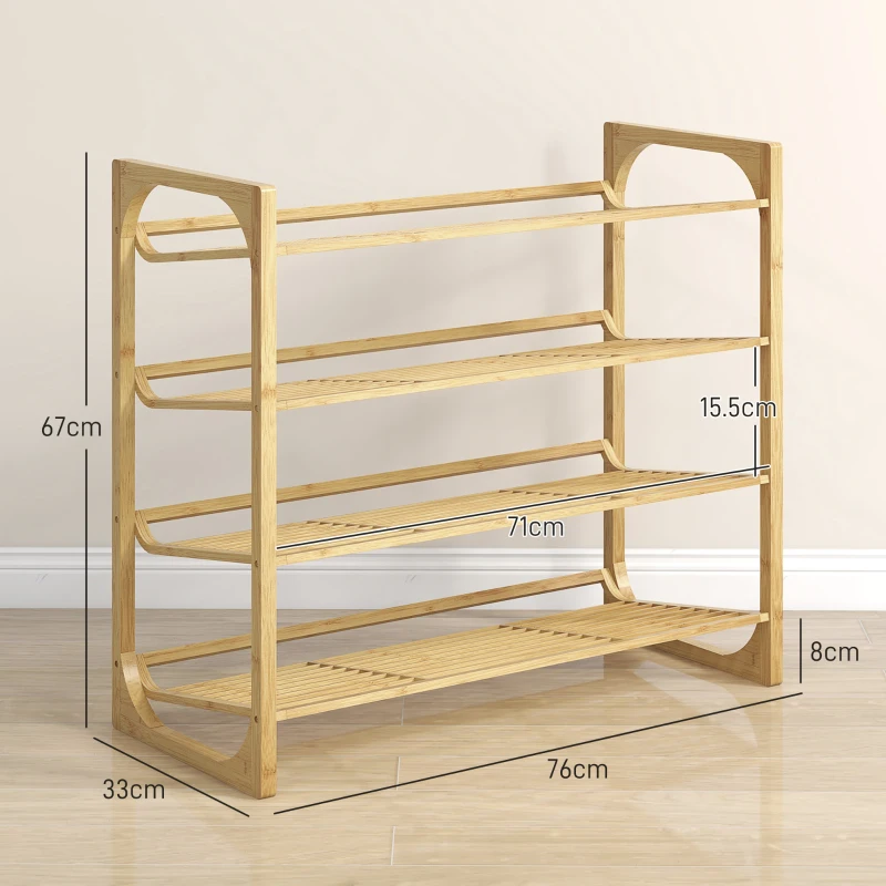 HOMCOM Etajeră pentru pantofi cu 4 niveluri, depozitare 12 perechi cu design cu lamele, bambus, 76x33x67cm, lemn natural