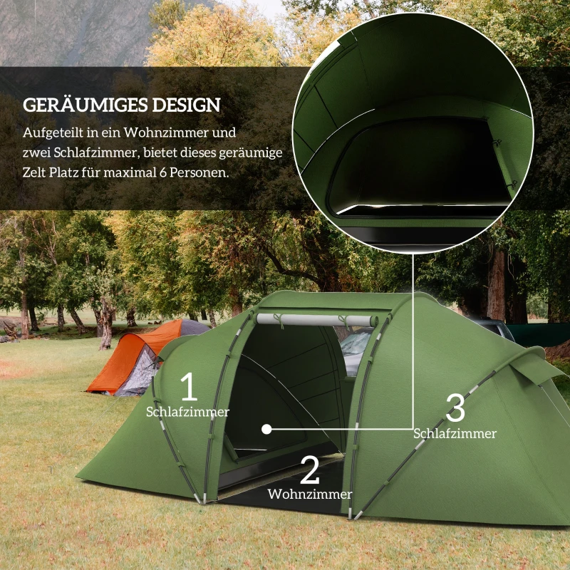 Outsunny Tunnelzelt für 4-6 Personen, Campingzelt mit Tür, Bodenplane, 2000mm wasserdicht Grün