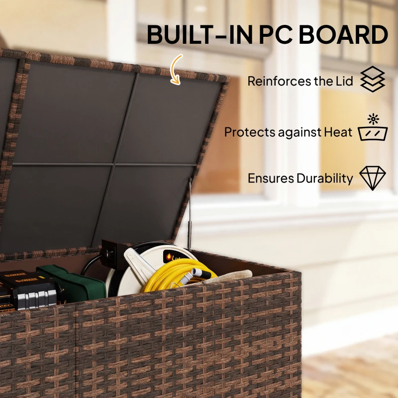 Outsunny 650L Garden Storage Box with 2 Wheels, Rattan Deck Box with Waterproof Zipped Liner, Safe Pneumatic Rods, Mixed Brown