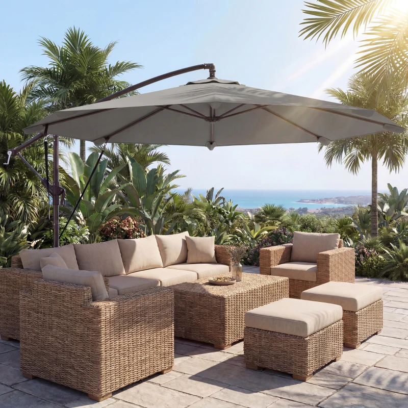 Outsunny 3 m Cantilever Parasol with Protective Cover and Wind Ropes, Banana Parasol with Crank Handle, Light Grey