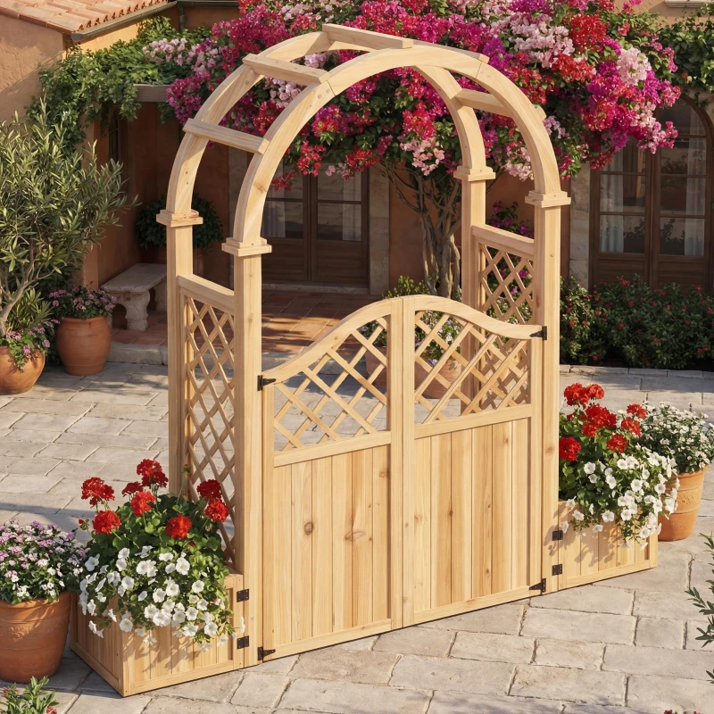 Pflanzkübel mit Spalier und Torbogen, 3‑in‑1-Design – Torbogen mit Rankgitter, 194x50x194 cm, Naturfarbe