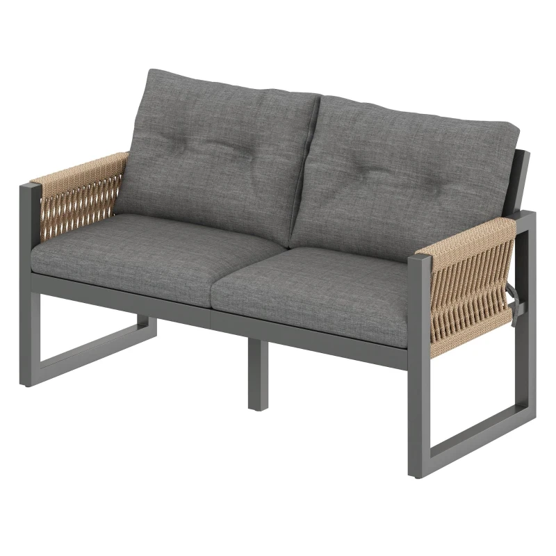 Set de sofá moderno para exterior, mesa desmontable, reposabrazos trenzados y cojines de asiento gruesos, Gris+Color natural