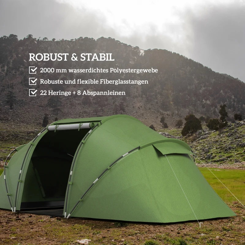 Outsunny Tunnelzelt für 4-6 Personen, Campingzelt mit Tür, Bodenplane, 2000mm wasserdicht Grün