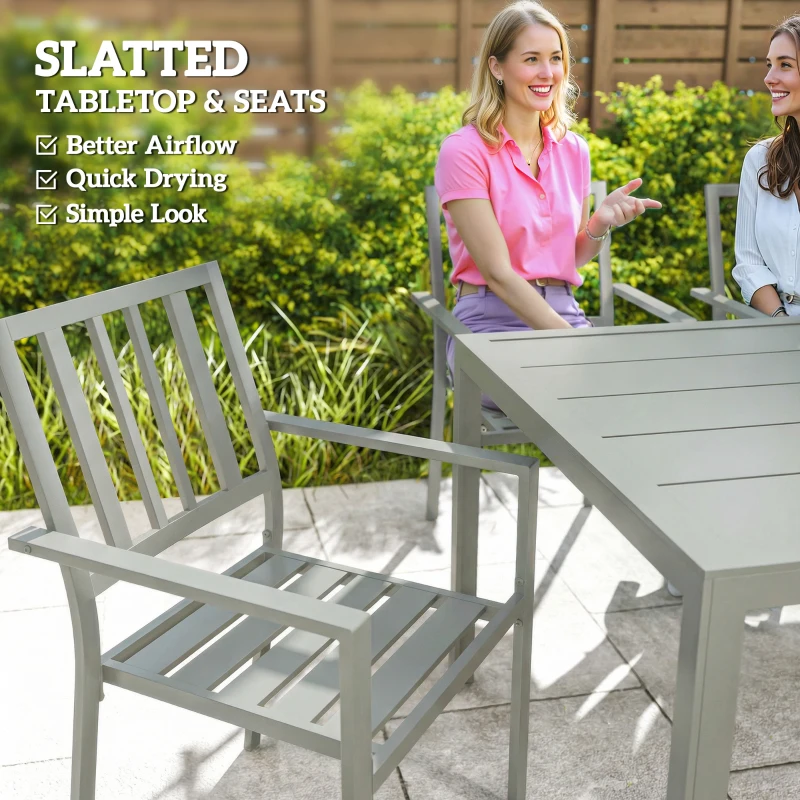 Outsunny Garden Table and Chairs for 6, 7 Pieces Garden Furniture Set with Table, 6 Stackable Chairs and Umbrella Hole Light Grey