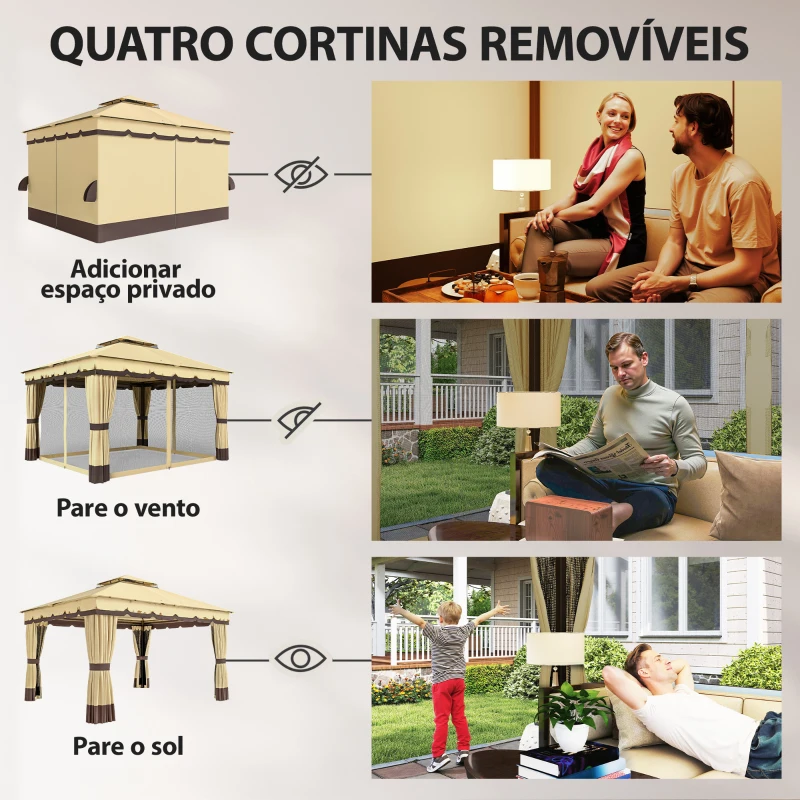 Outsunny Pérgola de Jardim 3,7x3 m com Teto Duplo 4 Cortinas e Mosquiteira Estrutura em Aço Orifícios de Drenagem UV30+ Bege