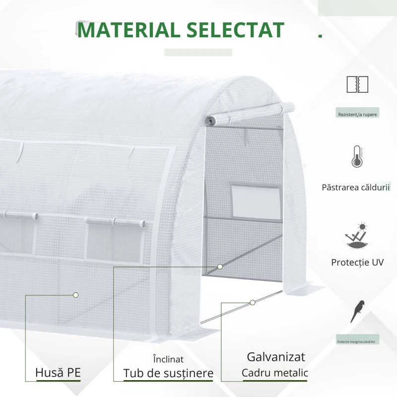 Outsunny Sera Tip Tunel cu Ușă, Panouri și 8 Ferestre Rulabile, din Oțel Galvanizat și PE, 3.97x3x2 m, Alb