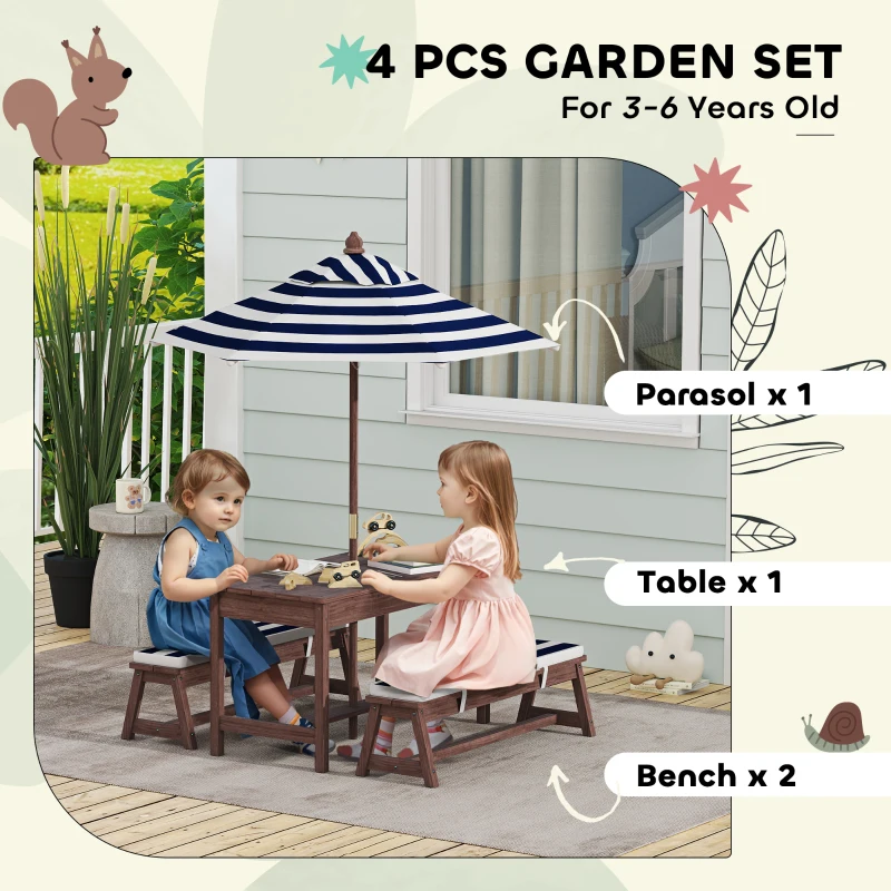AIYAPLAY Outdoor Wooden Kids Picnic Table & Bench Set with Cushions and Umbrella, for Patio, Garden, Navy Blue