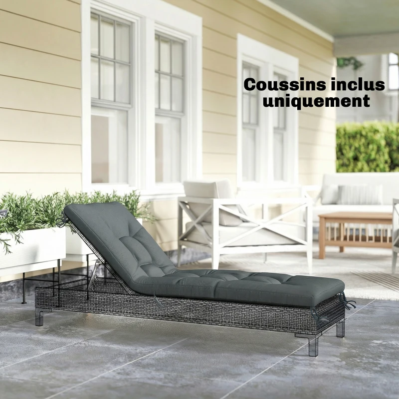 Outsunny Coussin Bain de Soleil Chaise Longue en Mousse à Mémoire avec Sangles, Protection UV50+, 198x65x13cm, Gris foncé