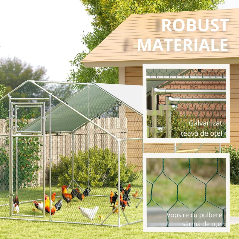 PawHut Coteț pentru găini, țarc exterior pentru găini, cu prelată rezistentă la UV, plasă din oțel, distribuitor de hrană, pentru 12-18 găini