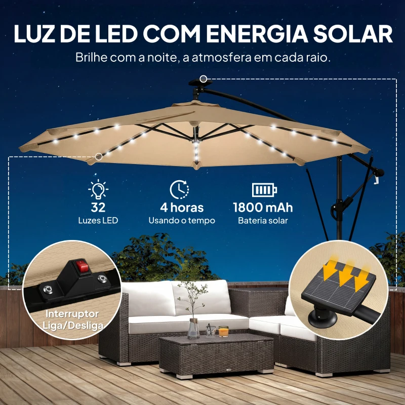 Outsunny Chapéu de Sol Excêntrico com Luzes LED Solares 330x295 cm Chapéu de Sol para Jardim com Base Cruzada Manivela Capa Protetora Caqui