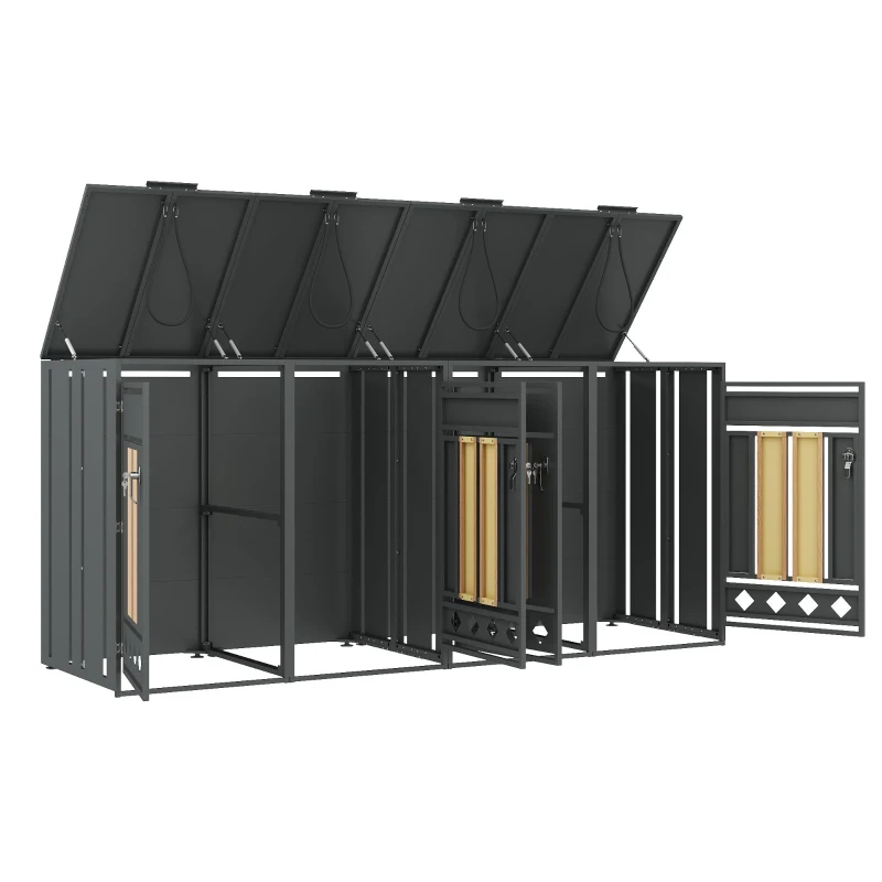 Mülltonnenbox mit hydraulischem Klappdeckel, 4 Fächer, abschließbare Türen, 264x80x118.5 cm, Grau+Naturfarbe