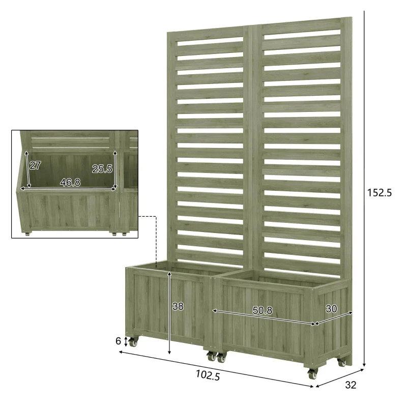 Pflanzkübel mit Spalier, 2 große Pflanzkästen und 2 Gartenspaliere als Kletterhilfe, 102,5 x 32 x 152,5 cm, Grün