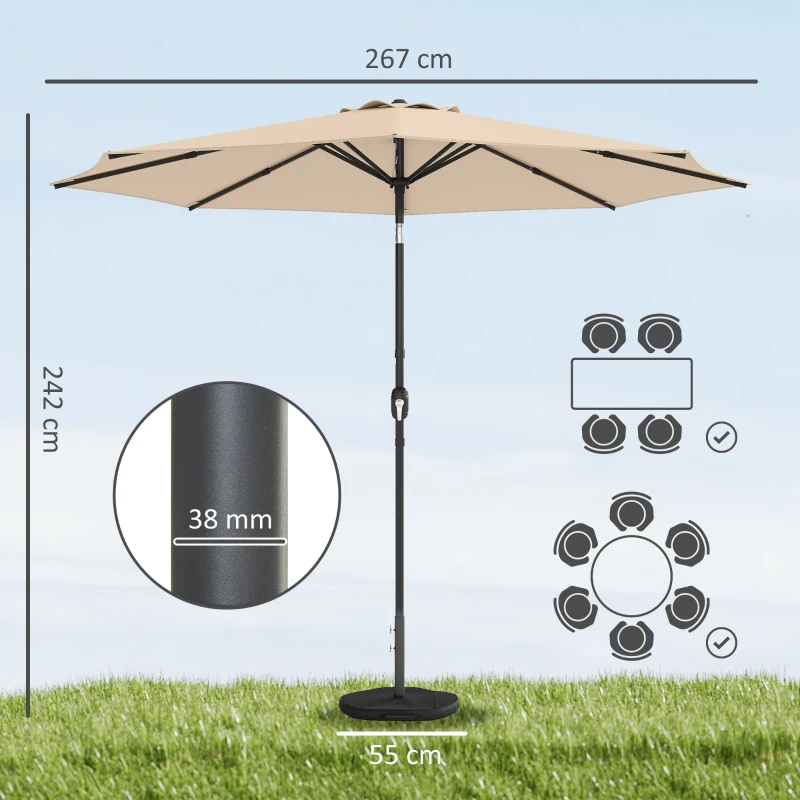 Outsunny 2.7 m Garden Parasol Umbrella with Cross Base and Sandbag, Retractable Ribs, Outdoor Table Market Umbrella, Khaki
