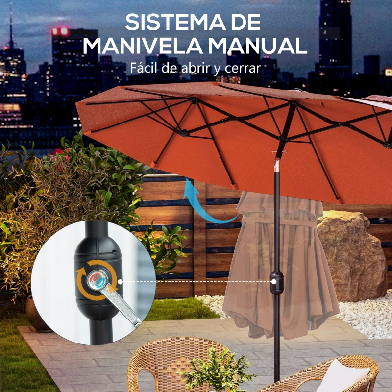 Outsunny Sombrilla Doble de Jardín 295x152x222 cm con Inclinación de 45° y Manivela Manual para Terraza Balcón Piscina Rojo