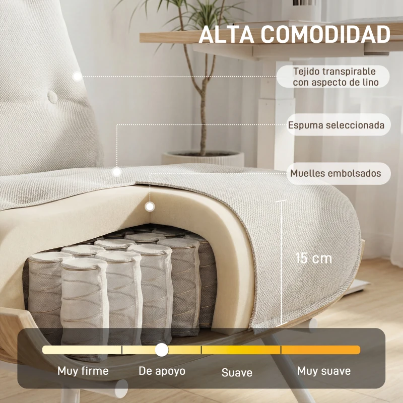 HOMCOM Butaca de Salón Tapizada en Lino con Asiento Acolchado Soporte con Listones Estructura de Acero Crema
