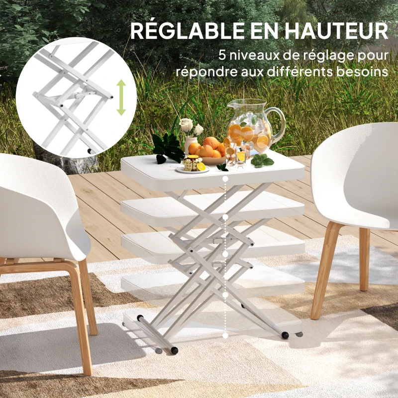 Outsunny Table d'appoint de jardin pliable en HDPE, table pliante extérieur hauteur réglable sur 5 niveaux, 65 x 45 x 70 cm blanc