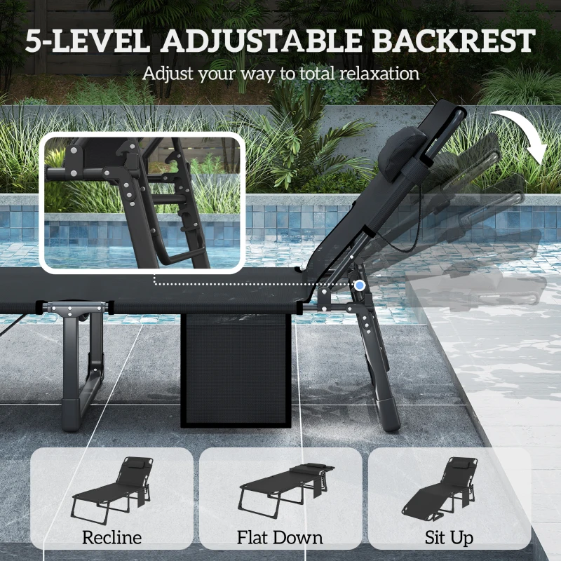 Outsunny Folding Sun Lounger for Garden, 5-Position Oversized Camping Bed Recliner with Cushions, Dark Grey