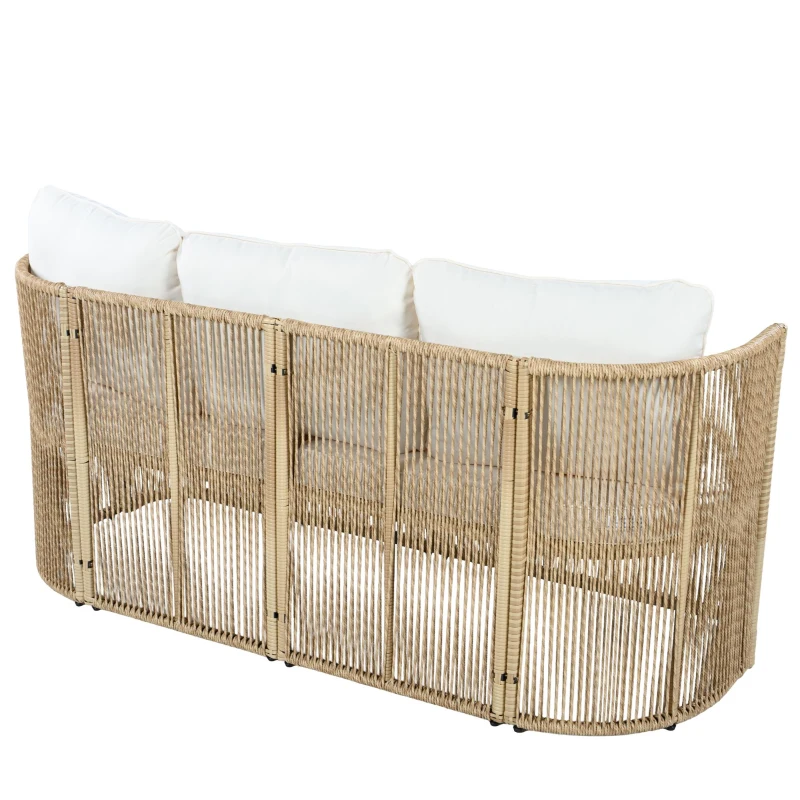 5-teiliges PE‑Rattan-Gartenmöbel-Set, 3‑Sitzer-Sofa, 2 Sesseln und Glastisch, Beige+Schwarz+Weiß