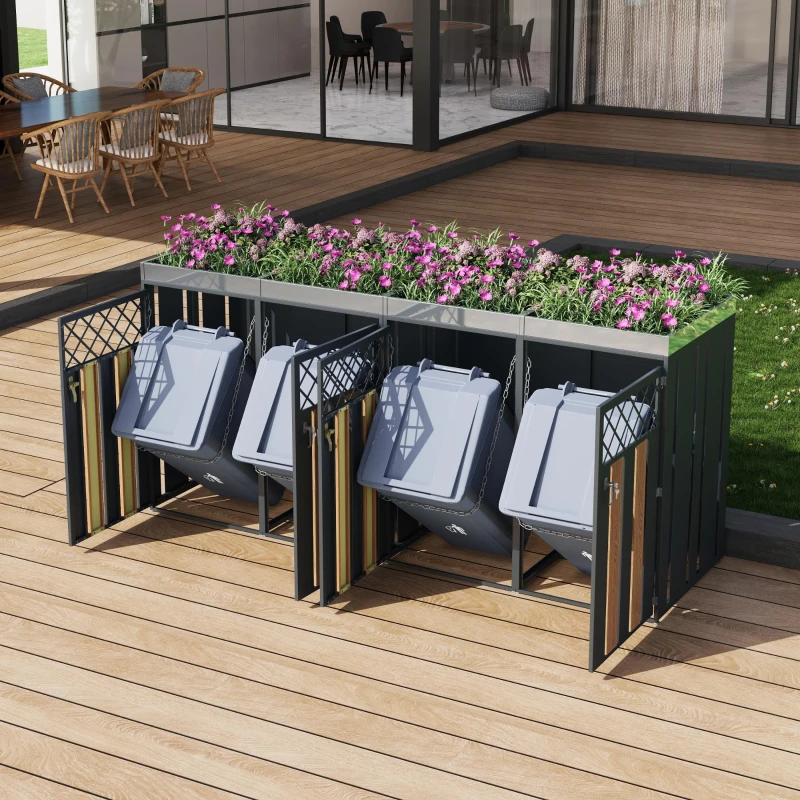 Abschließbare Mülltonnenbox, für 4 Standardtonnen mit integriertem Blumentrog, 264x80x124.5 cm, Grau+Naturfarbe