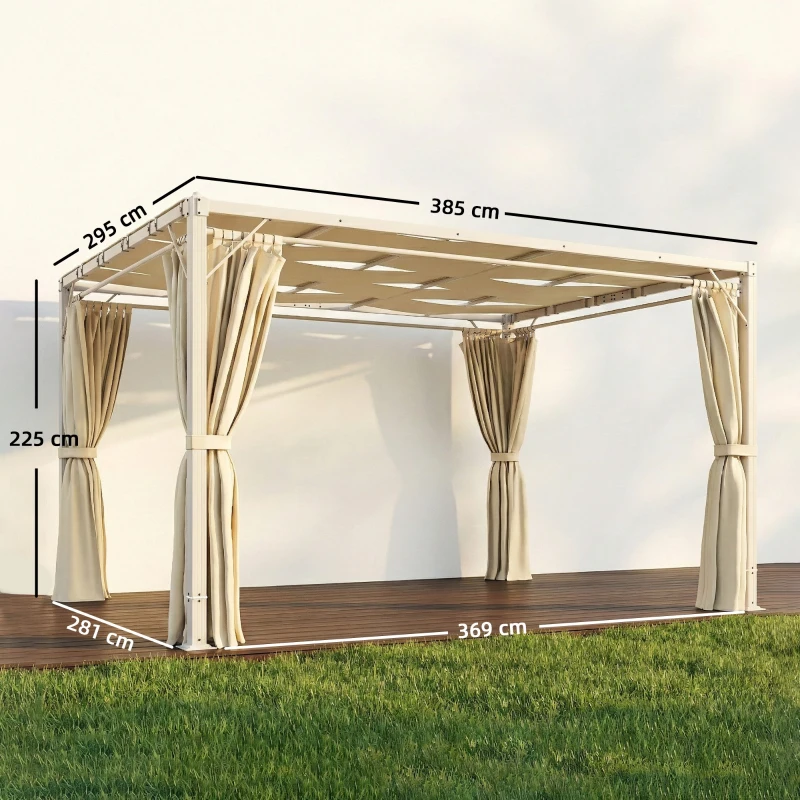 Outsunny Pérgola de Jardín 3x4 m con Protección UPF 50+ Gazebo con Cortinas Estructura de Acero para Sombra Exterior Beige