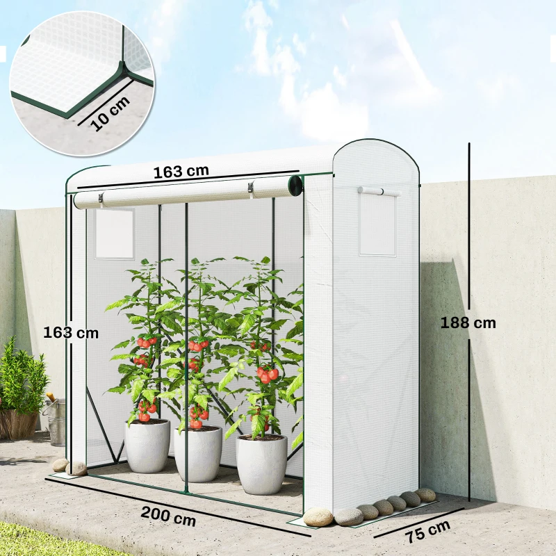 Outsunny Mini Greenhouse, Garden Tomato Growhouse with Roll-Up Door and 2 Mesh Windows, PE Cover, 200 x 75 x 188 cm, White