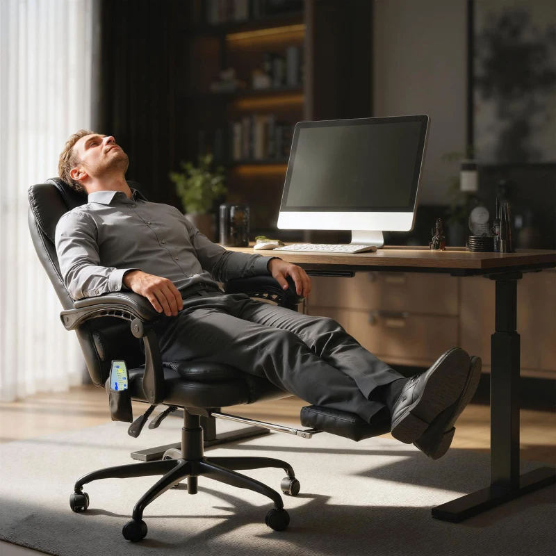 HOMCOM Fauteuil de bureau direction massant chauffant hauteur réglable dossier inclinable repose-pied + coussin lombaires intégrés revêtement synthétique noir