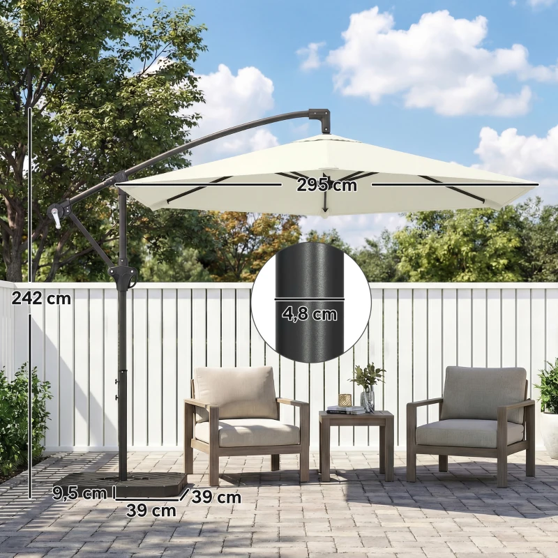 Outsunny Parasol déporté 3 m avec pied en croix et dalles lestage, parasol de jardin extérieur avec manivelle, crème