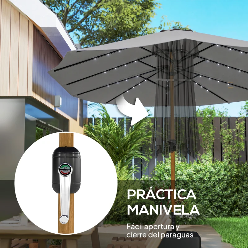 Outsunny Sombrilla Doble de Jardín 4,6x2,6 m con 48 Luces LED Base Incluida Manivela Sacos de Arena Anti-UV Gris Claro