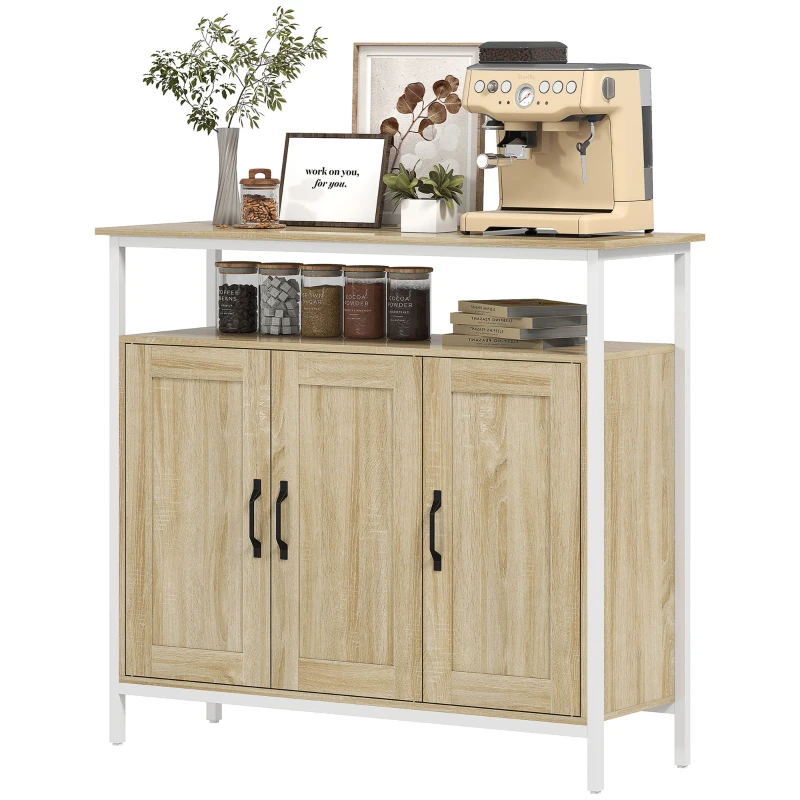 HOMCOM Bufet, corp de depozitare cu 3 uși, compartiment deschis și 4 rafturi reglabile, 100 x 35 x 88 cm, lemn natural