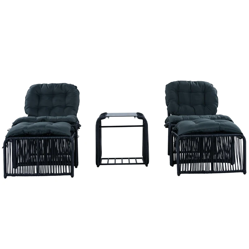 5-teiliges Outdoor Gartenmöbel-Set, Balkon-Loungeset mit 2 Stühlen, 2 Hockern und Glastisch, Schwarz+Grau
