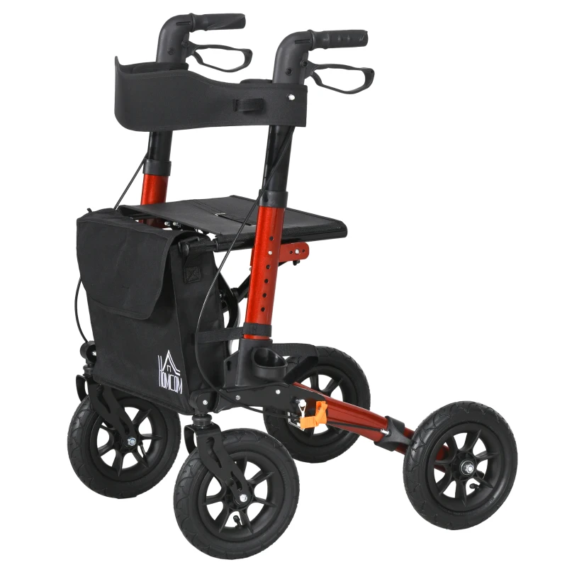 HOMCOM Lightweight Walking Frame, Rubber Wheels, Rollator Walker with Seat and Wheels with Adjustable Handle, Bag, Red