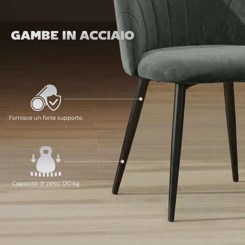 HOMCOM Set 2 Sedie da Pranzo Imbottite con Schienale a Conchiglia in Velluto, 52x55x79 cm, Grigio