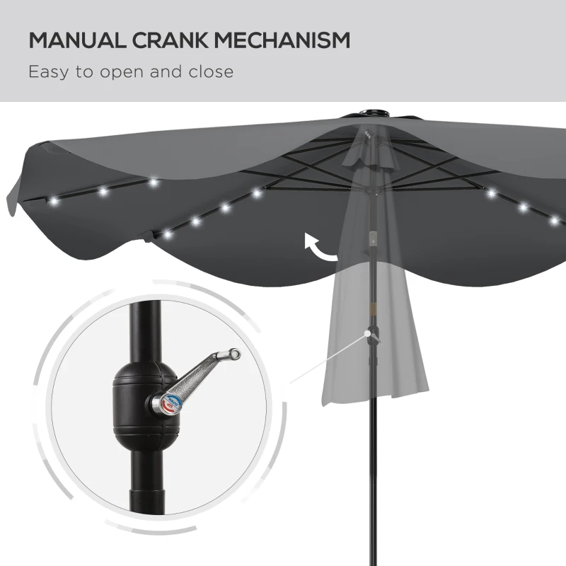 Outsunny Solar Patio Umbrella with LED and Tilt, Outdoor Market Table Umbrella Parasol with Crank, 3 x 3 (m), Dark Grey