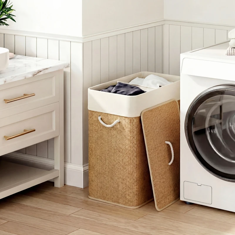 HOMCOM Panier à linge double avec couvercle, panier à linge en bambou 100 L avec poignées en corde