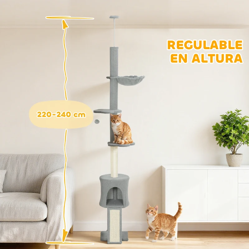 PawHut Árbol para Gatos de Piso a Techo Altura Ajustable 220-240cm con Hamaca Plataformas en Flor Cuevas Rampa Bola Gris Claro