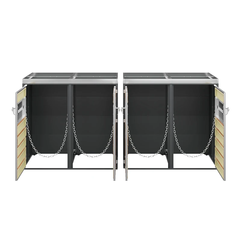 Mülltonnenbox mit integriertem Pflanztrog, vier abschließbare Einzeltüren, 264x80x124,5 cm, Grau+Naturfarbe