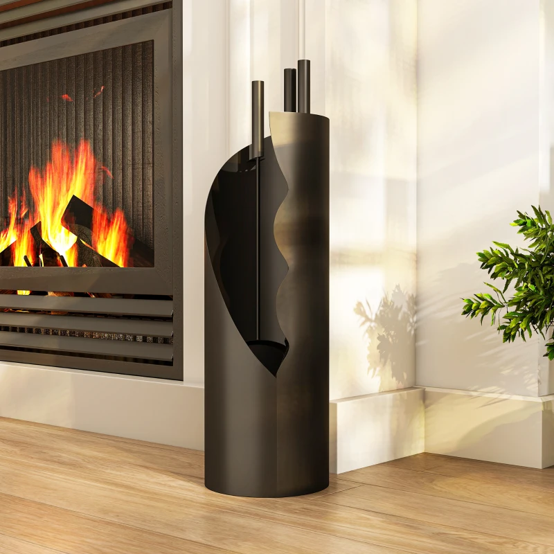 Outsunny Set servitor șemineu 4 piese cu perie, lopată, tisonier și suport, metal 20 x 20 x 65 cm, negru