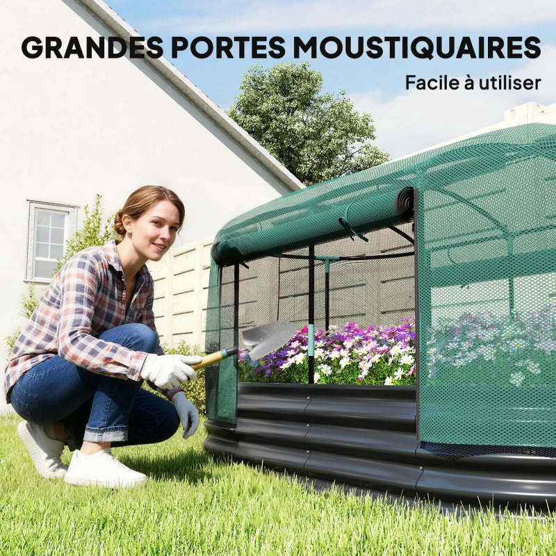 Outsunny Carré potager de jardin avec cage de protection, jardinière surélevée en acier galvanisé, 180 x 90 x 93 cm, gris et vert