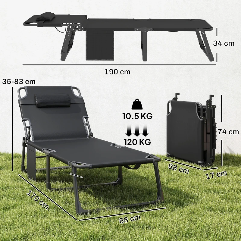 Outsunny Folding Sun Lounger for Garden, 5-Position Oversized Camping Bed Recliner with Cushions, Blue