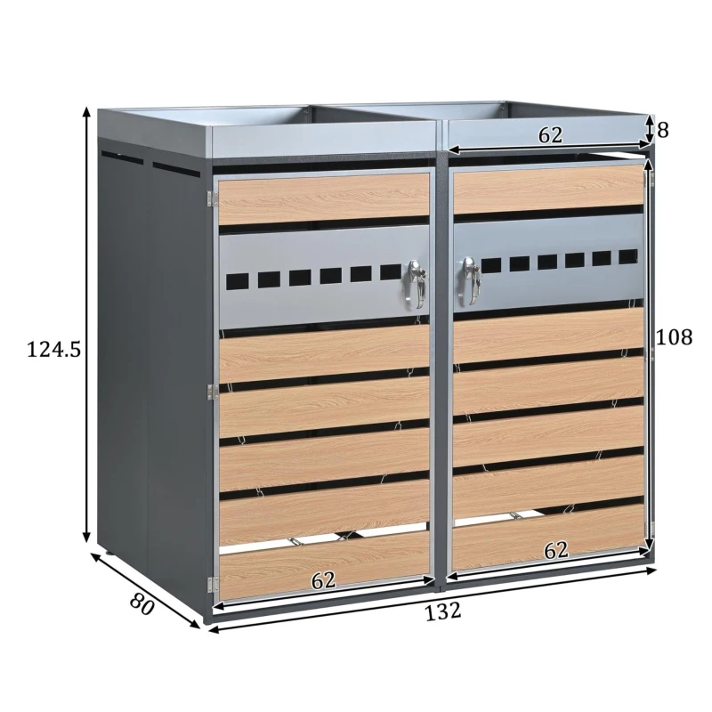 Mülltonnenbox mit integriertem Pflanztrog und Belüftung, abschließbarer zweiteiliger 2-türiger Schrank, 132x80x124,5 cm, Grau+Naturfarbe