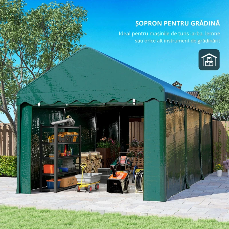 Outsunny Carport tente garage 3 x 6m Acoperiș mașină robust cu 2 uși înfășurate, țesătură 200g PE, verde