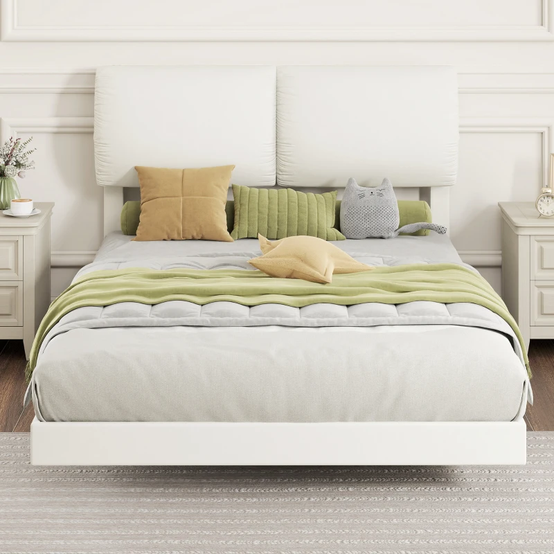 HOMCOM Cama Doble de 135x190 cm Somier con Cabecero Acolchado Efecto Flotante Estructura Metálica Beige