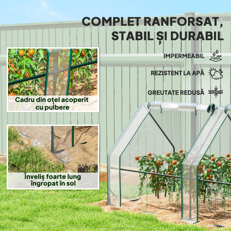 Outsunny Mini Seră de Grădină cu 4 Uși Rulabile și Prelată Extinsă, din Oțel și PE, 360x90x90 cm, Transparentă