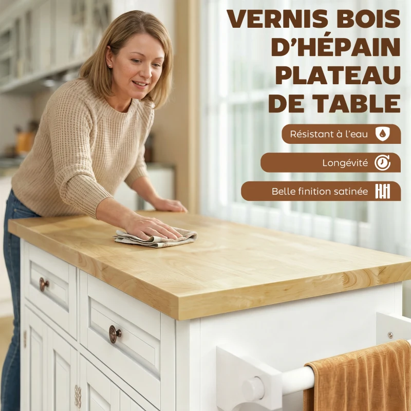 HOMCOM Desserte ilôt de cuisine multi rangements 2 tiroirs 2 placard 2 portes avec étagère range-bouteille porte-torchons et étagère réglable MDF blanc hévéa
