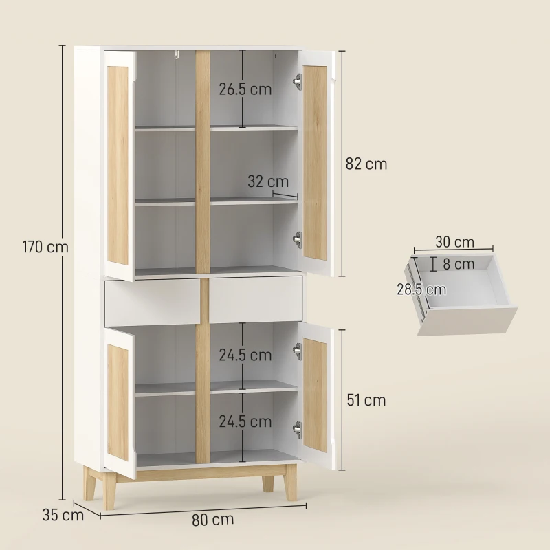 HOMCOM Bufet înalt de bucătărie, dulap de bucătărie cu 4 uși, 2 sertare și rafturi reglabile, 80x35x170cm, alb și stejar