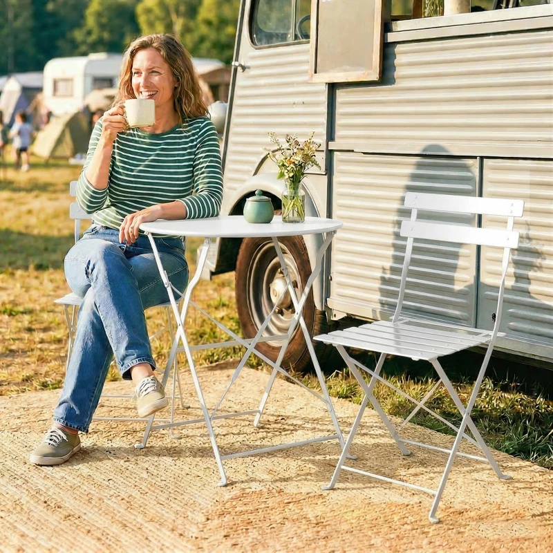 Outsunny Klappbares Bistro-Set für Draußen mit Tisch und 2 Stühlen, Weiß
