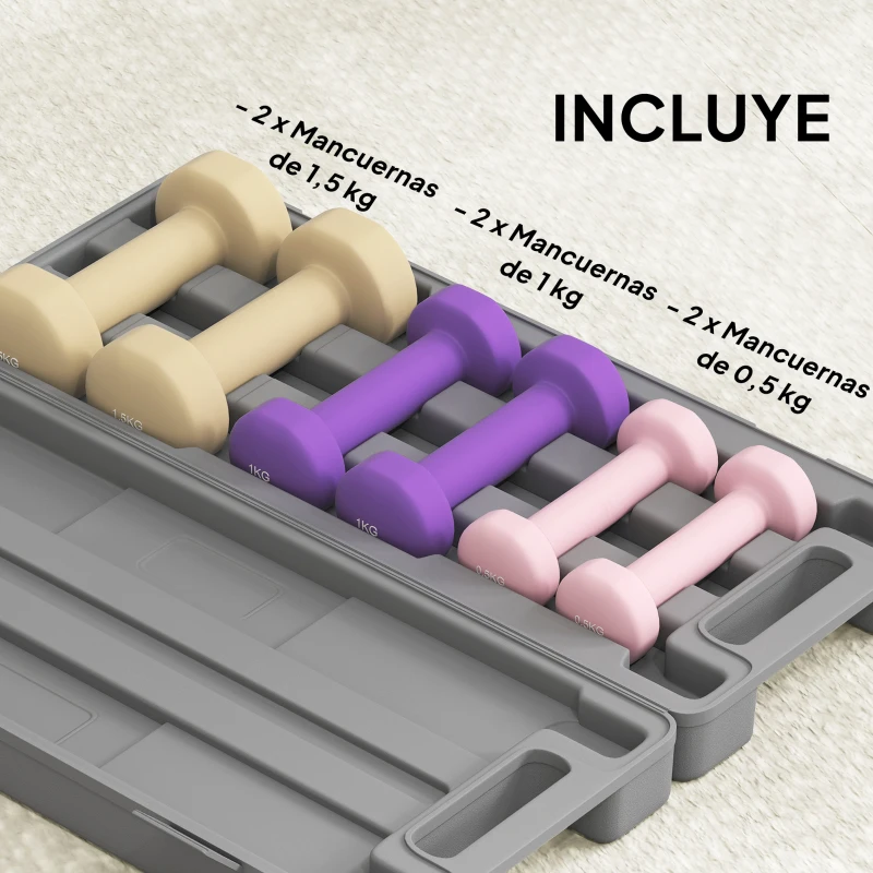 HOMCOM Juego de 6 Mancuernas Hexagonales de 1,5kg 1kg y 0,5kg con Revestimiento de PU con Maletín 43x18x7,5 cm Multicolor